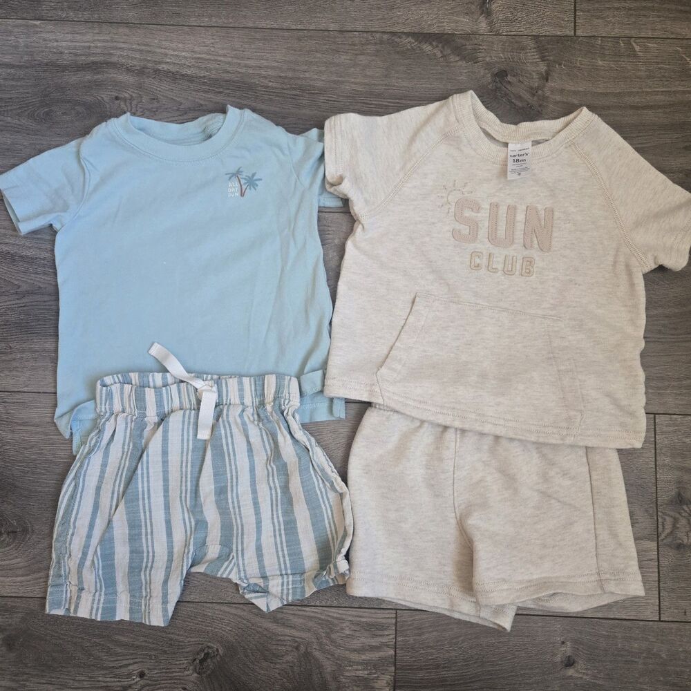 Carter’s 18M 4pc Aqua & Oatmeal Tee/Shorts Sets | Toddler Summer Play Outfits